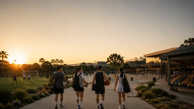Comunidad deportiva reunida en un complejo al atardecer